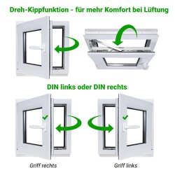 Konfigurator Dreh/Kippfenster Farbe weiß. Profil 60 mm.Schwarze Dichtungen. Breiten 50-120 cm