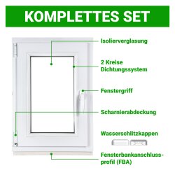 Konfigurator Dreh/Kippfenster Farbe weiß. Profil 60 mm.Schwarze Dichtungen. Breiten 50-120 cm